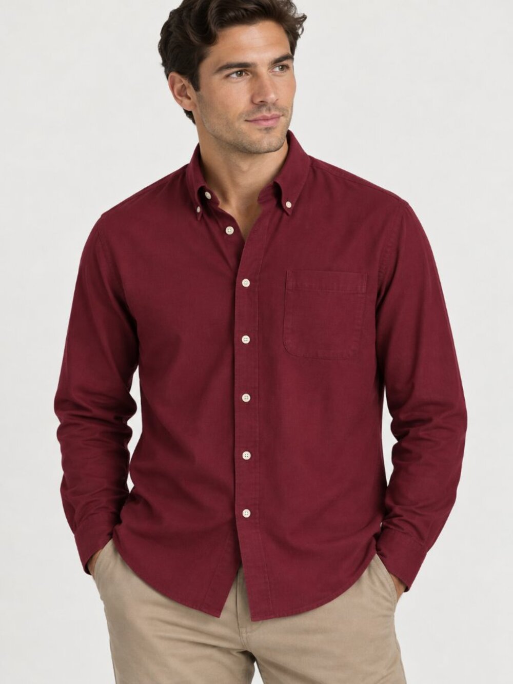 Lands' End No Iron Broadcloth Button Down Shirt Burgundy Cranberry Sz L Tall